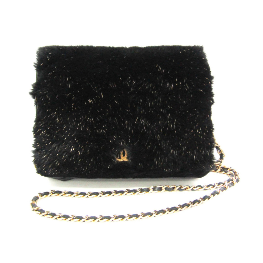 Chanel Coco Mark Women's Fur Lambskin Chain/Shoulder Wallet Black